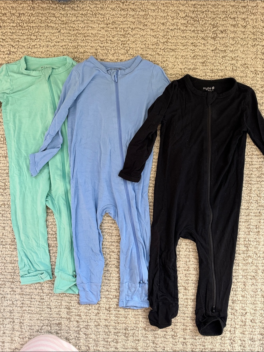 Kyte BABY Mint, Blue & Black Zip-Front One-Piece Footed Rompers (Set of 3)